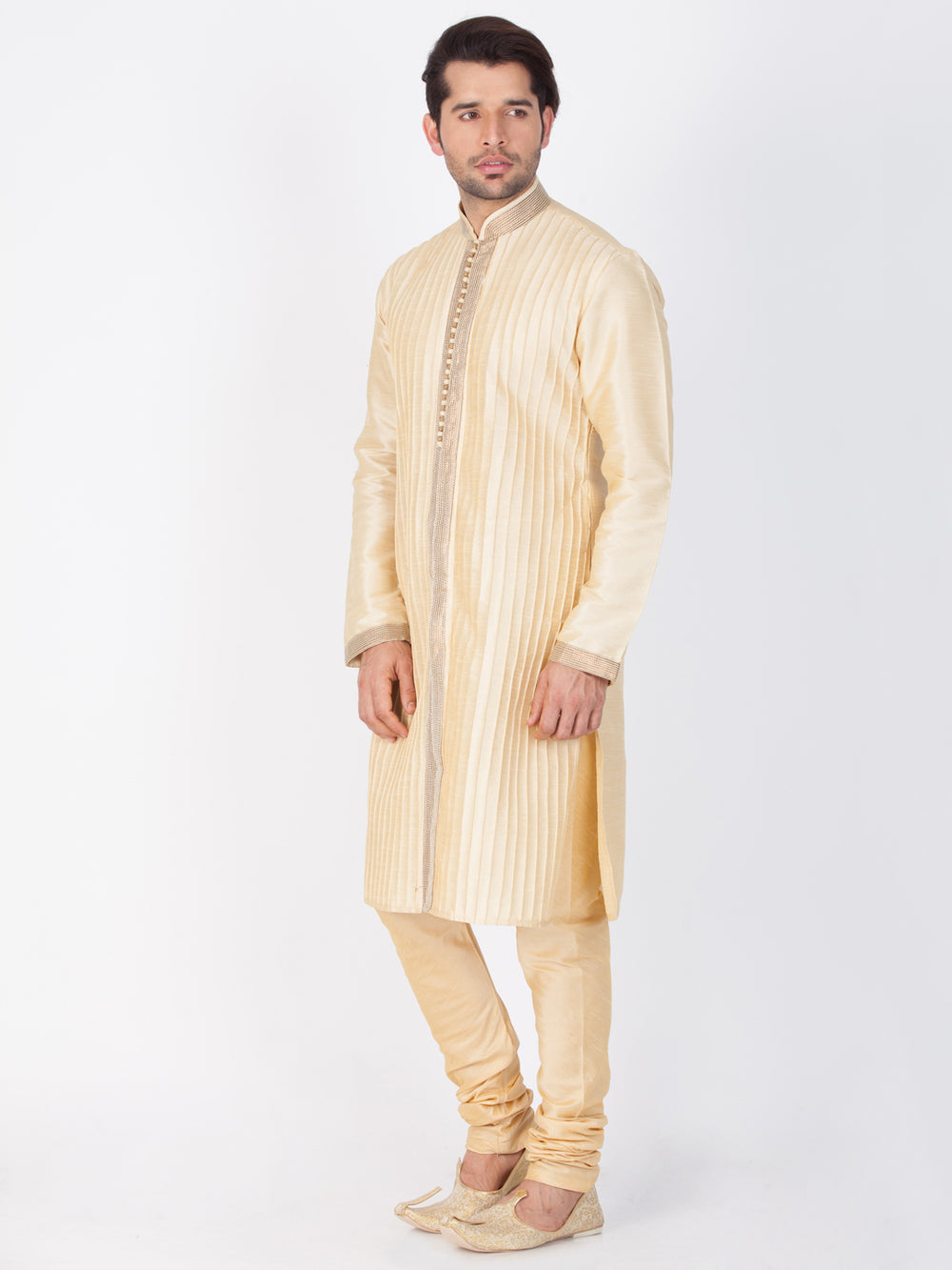 Men's Gold Cotton Silk Blend Kurta and Pyjama Set