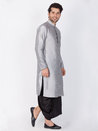 Men's Grey Cotton Silk Blend Kurta and Dhoti Pant Set