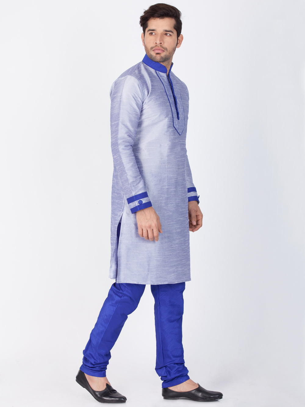 Men's Light Blue Cotton Silk Blend Kurta and Pyjama Set