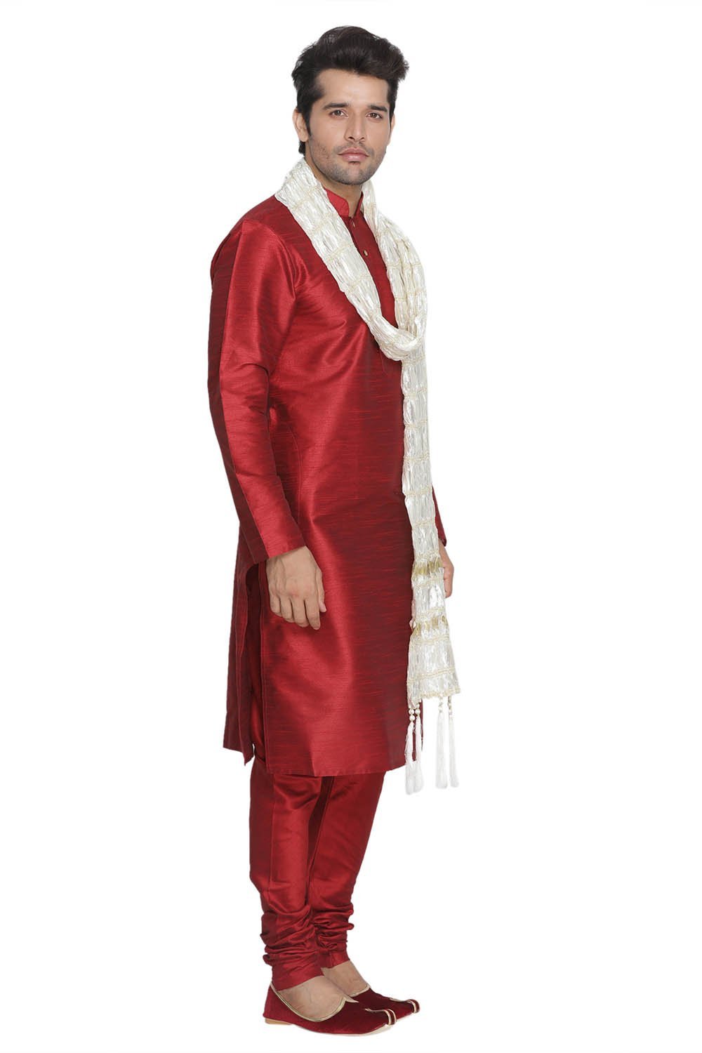 Men's Maroon Cotton Silk Blend Kurta, Pyjama &amp; Dupatta Set