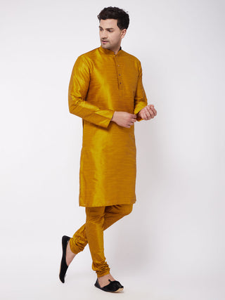 VM BY VASTRAMAY Men's Mustard Solid Silk Blend Kurta Pyjama Set