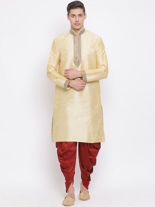 VASTRAMAY Men's Gold Silk Blend Kurta and Maroon Dhoti Set