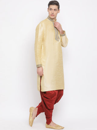 VASTRAMAY Men's Gold Silk Blend Kurta and Maroon Dhoti Set