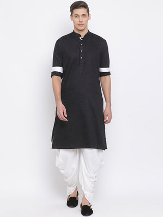 VASTRAMAY Men's Black Cotton Satin Blend Kurta and Dhoti Set