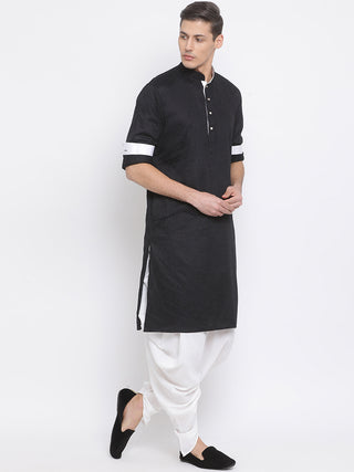 VASTRAMAY Men's Black Cotton Satin Blend Kurta and Dhoti Set