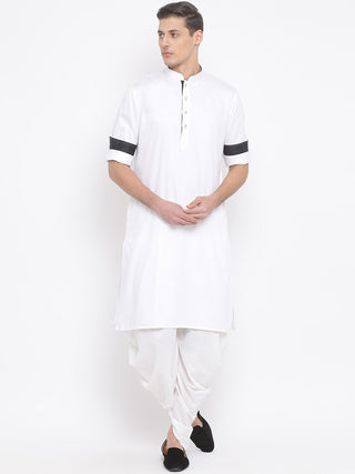 VASTRAMAY Men's White Cotton Satin Blend Kurta and Dhoti Set