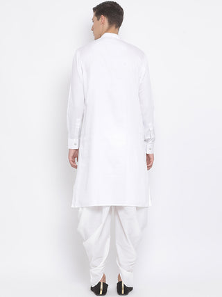 VASTRAMAY Men's White Cotton Satin Blend Kurta and Dhoti Set