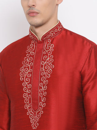 VASTRAMAY Men's Maroon Cotton Silk Blend Kurta