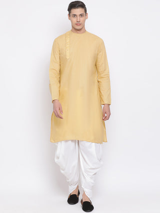 Vastramay Men's Beige Cotton Blend Kurta and White Dhoti Set