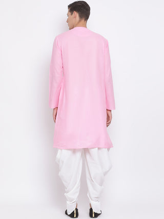 Vastramay Men's Pink Cotton Blend Kurta and White Dhoti Set