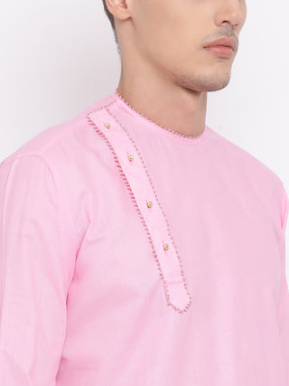 Vastramay Men's Pink Cotton Blend Kurta and White Dhoti Set