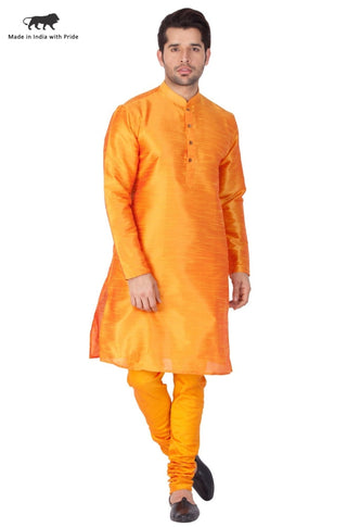 Men's Orange Cotton Silk Blend Kurta and Pyjama Set