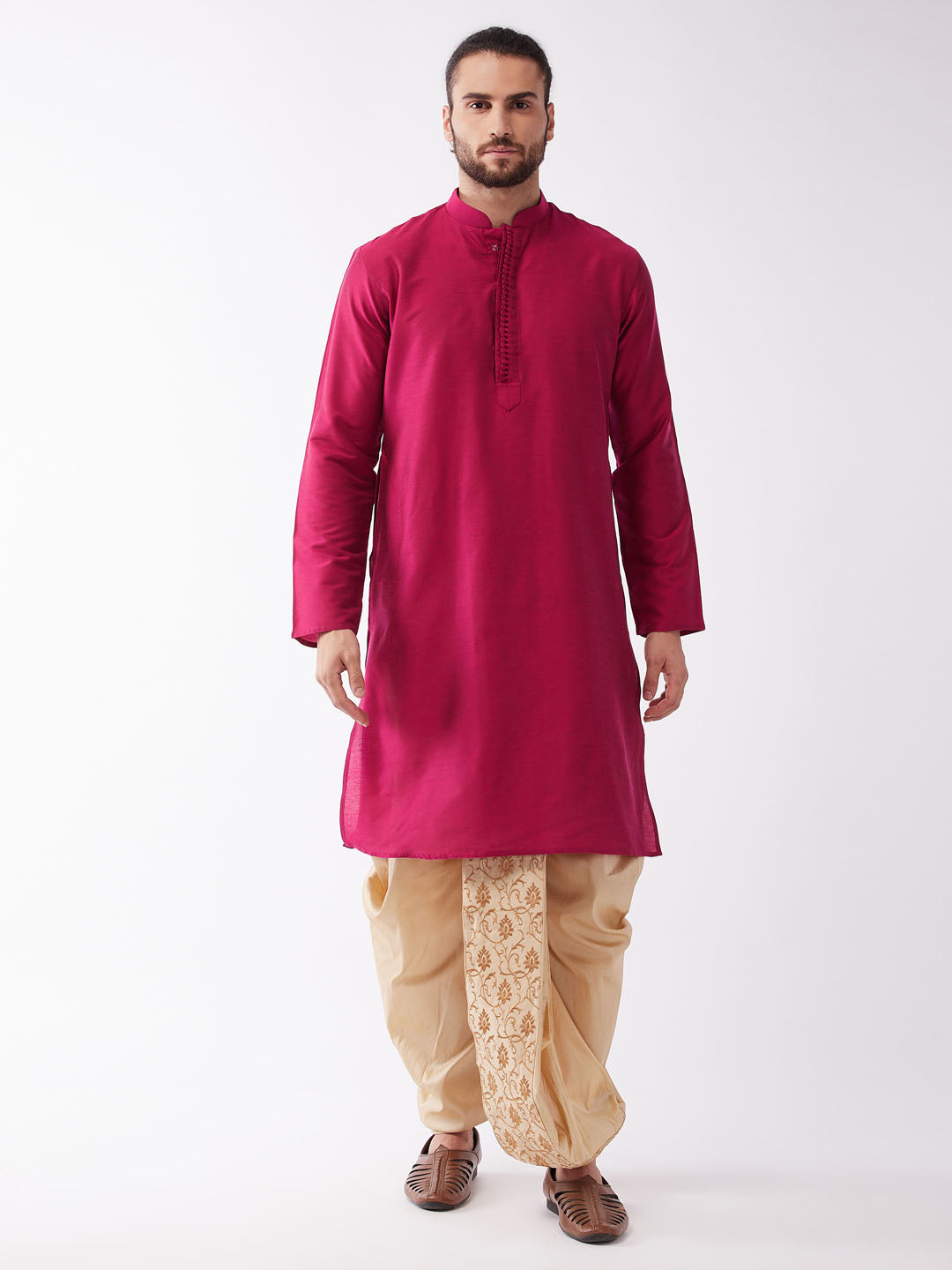 Men's Fuchsia Pink And Gold Cotton Silk Blend Kurta And Dhoti Set