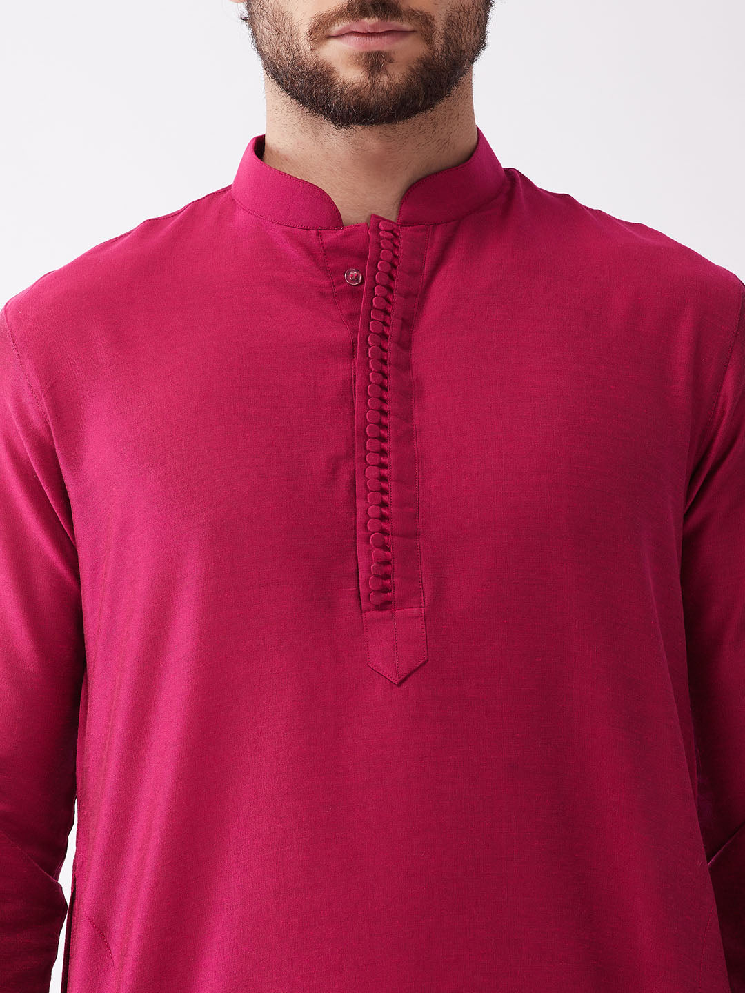 Men's Fuchsia Pink And Gold Cotton Silk Blend Kurta And Dhoti Set