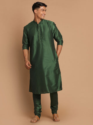 VASTRAMAY Men's Green Cotton Silk Blend Kurta and Pyjama Set