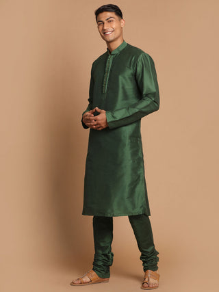 VASTRAMAY Men's Green Cotton Silk Blend Kurta and Pyjama Set