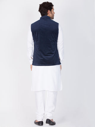 Vastramay Cotton White And Blue Baap Beta Jacket Kurta Pyjama set