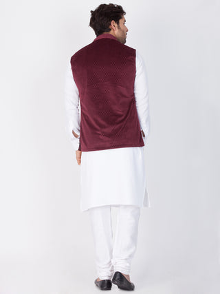 Vastramay Cotton White And Maroon Baap Beta Jacket Kurta Pyjama set