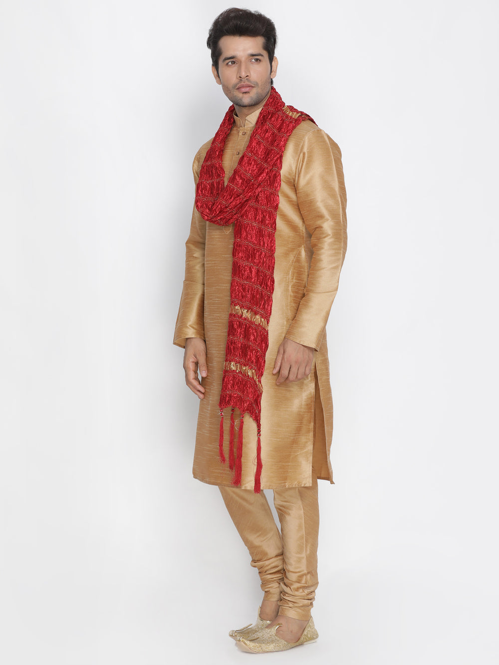 Men's Gold Cotton Silk Blend Kurta, Pyjama &amp; Dupatta Set
