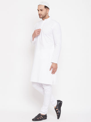 VASTRAMAY Men's White Cotton Blend Kurta Pyjama Set With A Prayer Cap