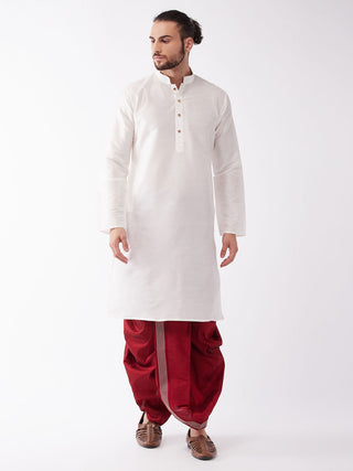 VM BY VASTRAMAY Men's White And Maroon Silk Blend Kurta And Dhoti Set