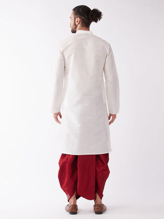 VM BY VASTRAMAY Men's White And Maroon Silk Blend Kurta And Dhoti Set