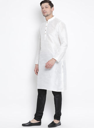 Men's White Cotton Silk Blend Kurta and Pyjama Set