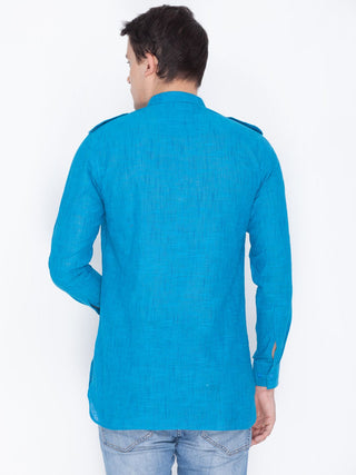 VASTRAMAY Men's Blue Linen Short Kurta