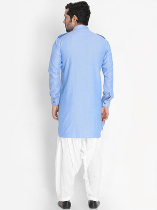 Men's Blue Cotton Blend Kurta and Patiala Set
