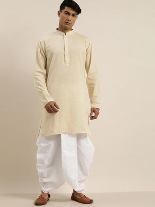 VASTRAMAY Men's Beige Pure Cotton Kurta with Dhoti Pant Set
