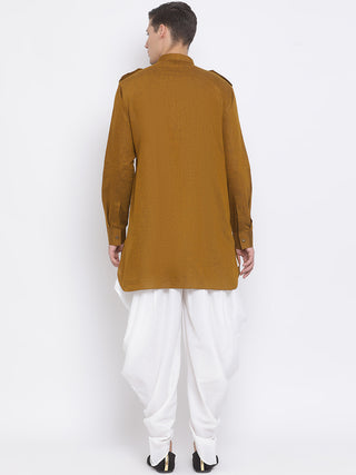 VM BY VASTRAMAY Men's Brown Cotton Blend Kurta and White Dhoti Set