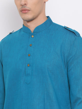 VM BY VASTRAMAY Men's Turquoise Blue Cotton Blend Kurta and White Dhoti Set