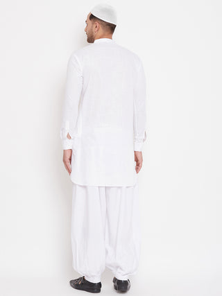 VM BY VASTRAMAY Men's White Cotton Linen Blend Pathani Kurta Set With Prayer Cap