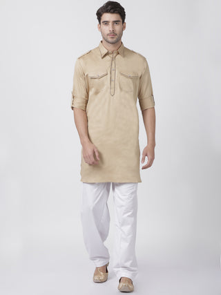 vastramay Men's Beige Cotton Blend Pathani Suit Set