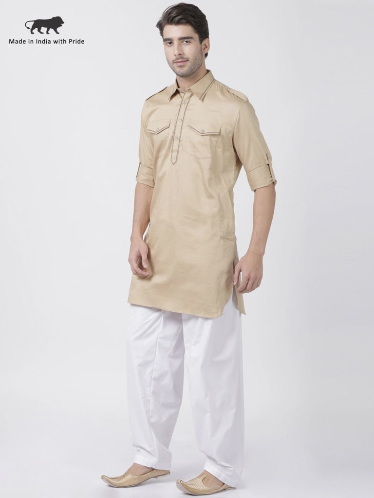 Men's Beige Cotton Blend Pathani Suit Set