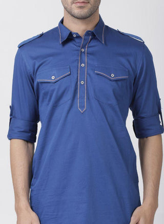 Men's Blue Cotton Blend Pathani Suit Set