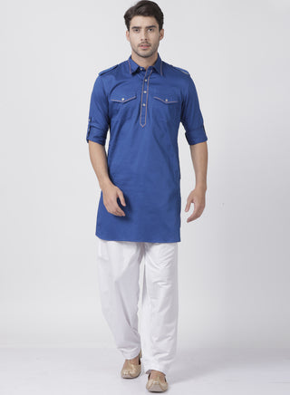VASTRAMAY Men's Blue Cotton Blend Pathani Suit Set