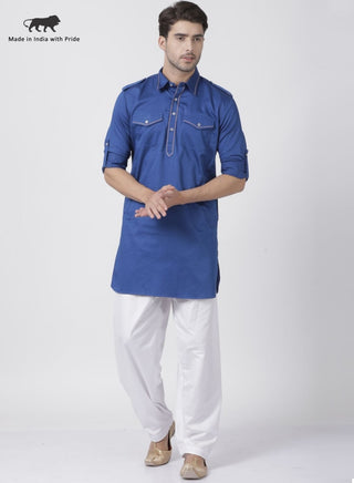 Men's Blue Cotton Blend Pathani Suit Set
