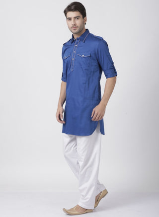 Men's Blue Cotton Blend Pathani Suit Set