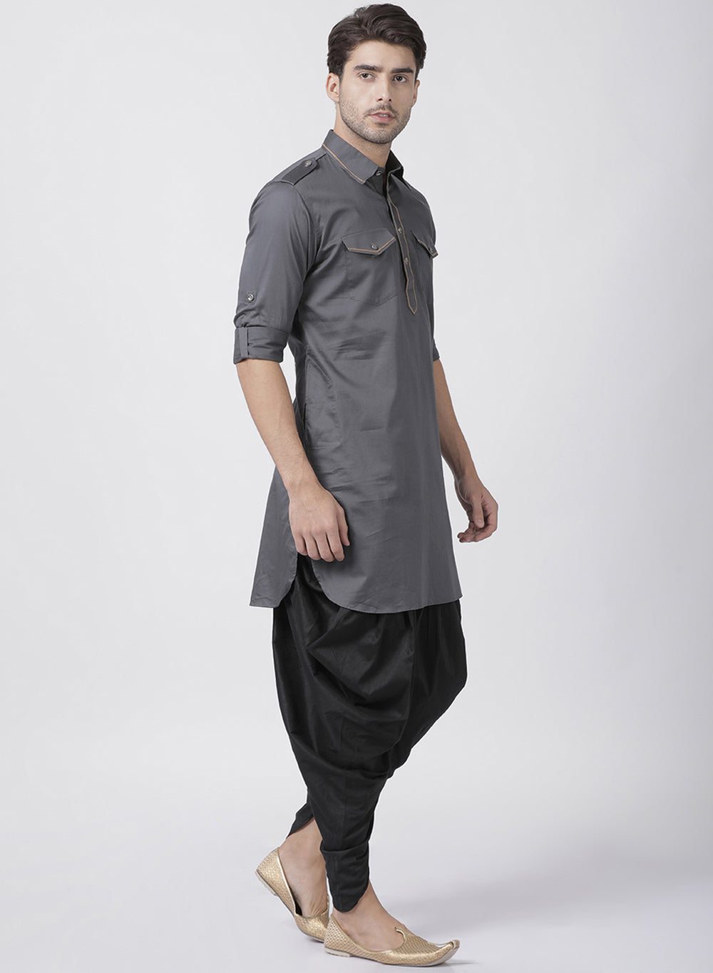 Men's Grey Cotton Blend Pathani Suit Set