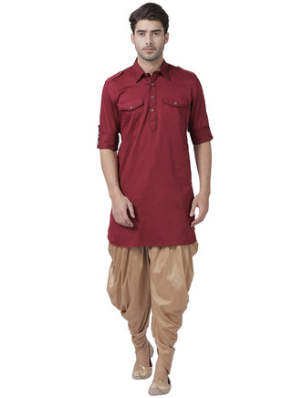 Men's Maroon Cotton Blend Pathani Suit Set