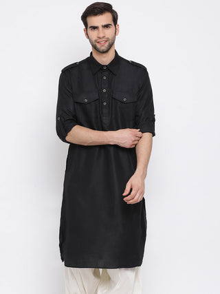 VM By VASTRAMAY Men's Black Cotton Blend Pathani Style Kurta