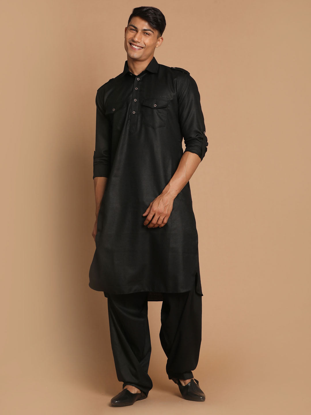 Black Readymade Pathani Suit With Nehru Jacket 590MW50