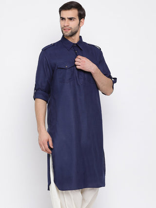 VM By VASTRAMAY Men's Blue Cotton Blend Pathani Style Kurta