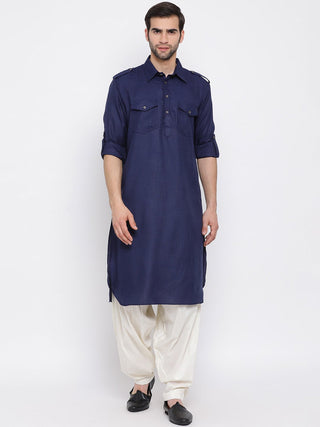 VM By VASTRAMAY Men's Blue Cotton Blend Pathani Suit Set