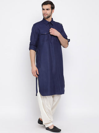 VM By VASTRAMAY Men's Blue Cotton Blend Pathani Suit Set