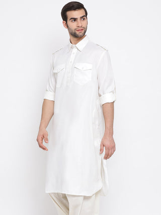 VM By VASTRAMAY Men's Cream Cotton Blend Pathani Style Kurta