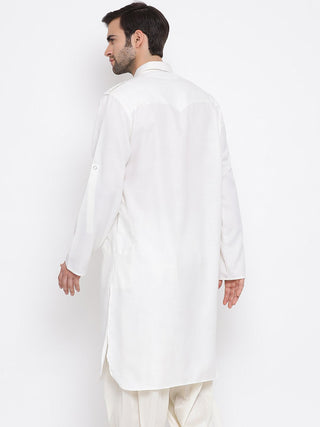 VM By VASTRAMAY Men's Cream Cotton Blend Pathani Style Kurta