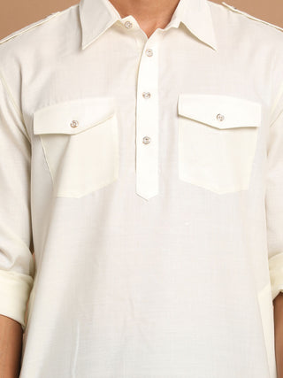 VM By VASTRAMAY Men's Cream Cotton Blend Pathani Suit Set