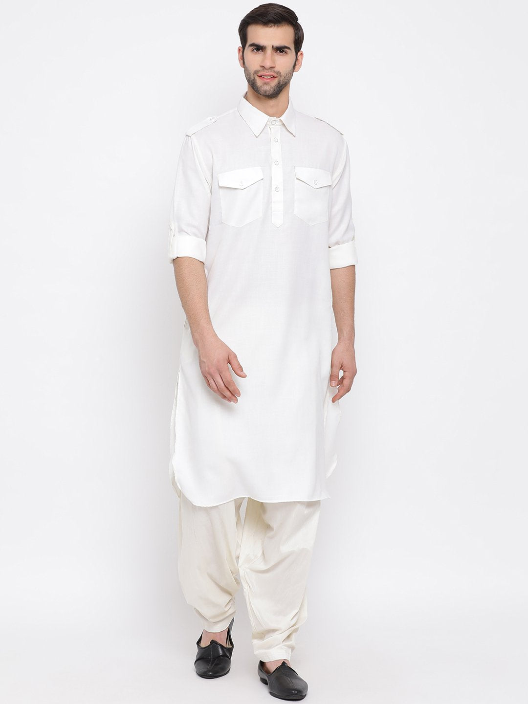 VM By VASTRAMAY Men's Cream Cotton Blend Pathani Suit Set – vastramay